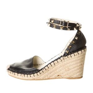 Valentino Rockstud Accents Leather D'Orsay Wedges Black and Raffia Tan Size 38